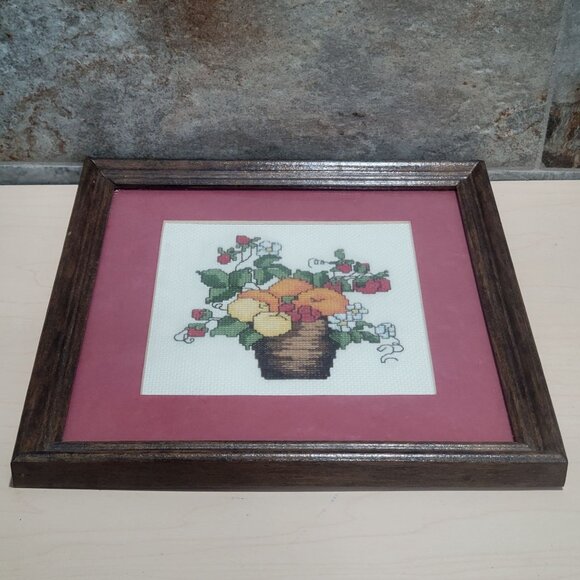 Vintage Framed Cross Stitch Fruit Basket Wall Artwork Hanging Decor - Picture 5 of 10